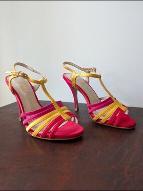 Lodi Spain Pink & Yellow Satin T-Strap Heels | Made in Spain | EU 37